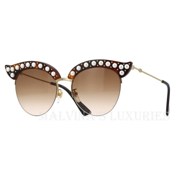 GUCCI SUNGLASSES GG0212S 002 CAT EYE HAVANA GOLD PEARL ACCENTS BUMBLEBEE - Picture 4 of 12